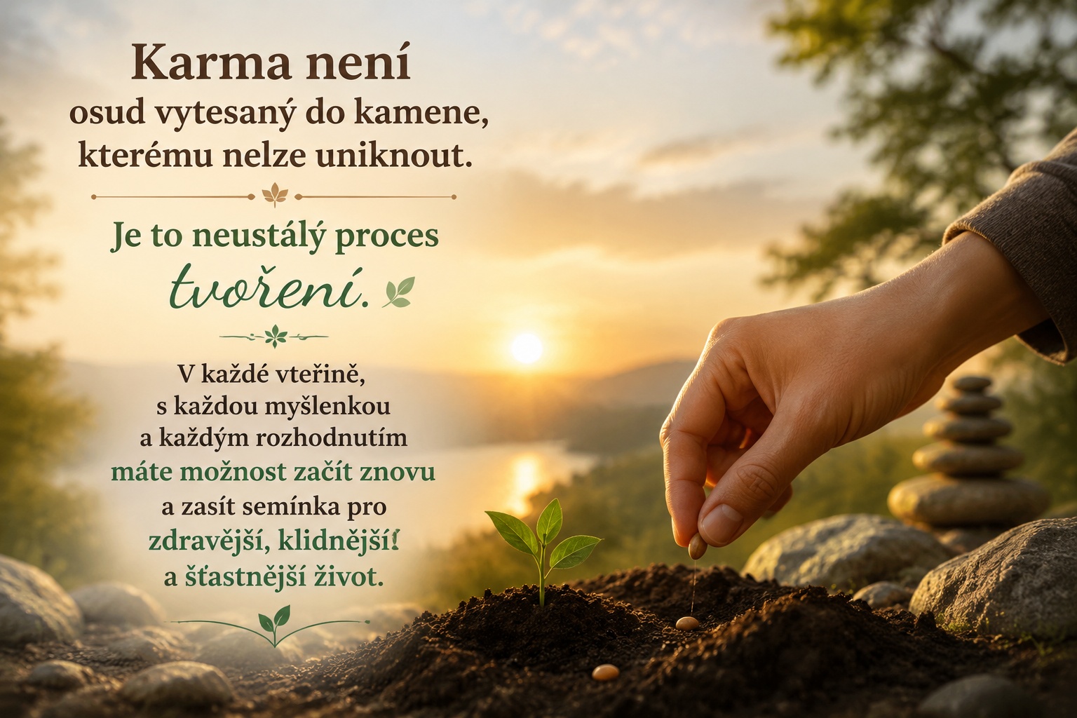 Karma není osud vytesaný do&nbsp;kamene, kterému nelze uniknout. Je to neustálý proces tvoření. V&nbsp;každé vteřině, s&nbsp;každou myšlenkou a&nbsp;každým rozhodnutím máte možnost začít znovu a&nbsp;zasít semínka pro&nbsp;zdravější, klidnější a&nbsp;šťastnější život.